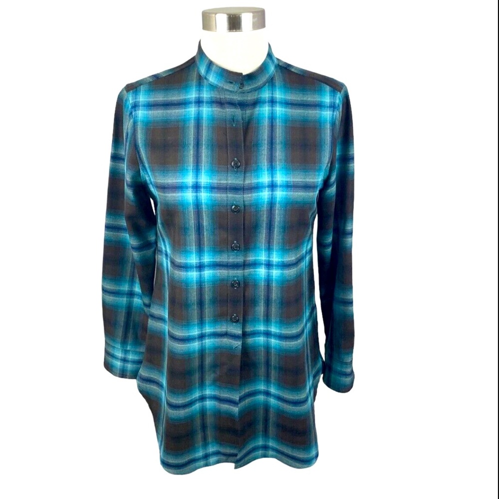 Pendleton wool flannel plaid tunic, teal and brown